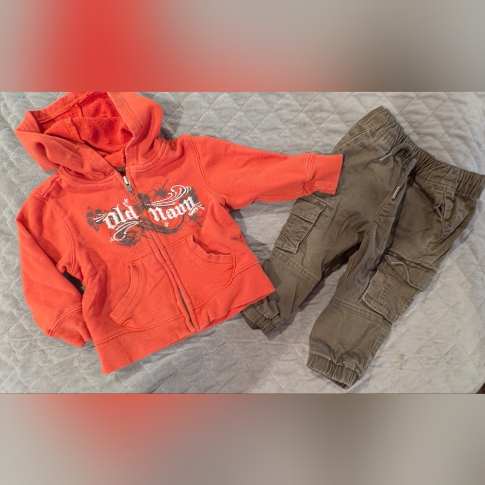 Old Navy 12-18M Orange Hoodie and Olive Cargo Joggers